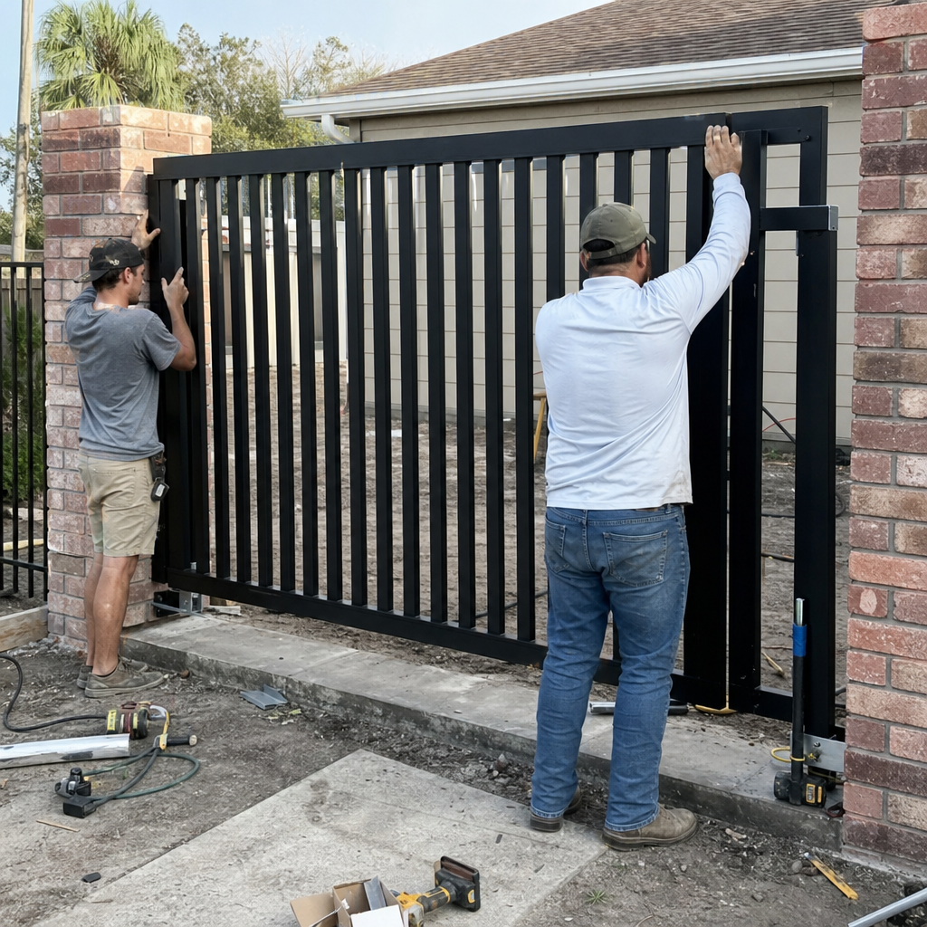 Two technicians installing a modern black metal driveway gate