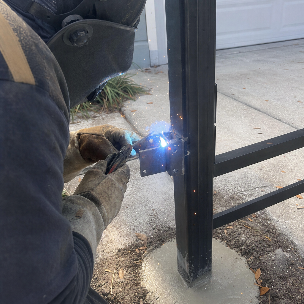 Welder installing metal gate hinge on fence post