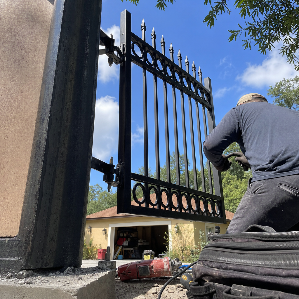 Professional technician performing custom metal gate installation and repair