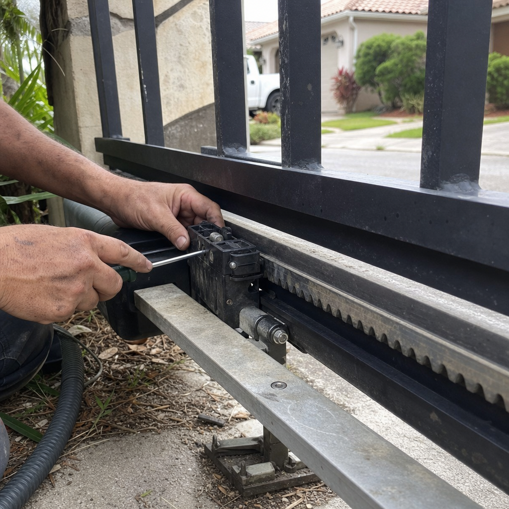 Technician repairing a sliding gate motor and gear assembly