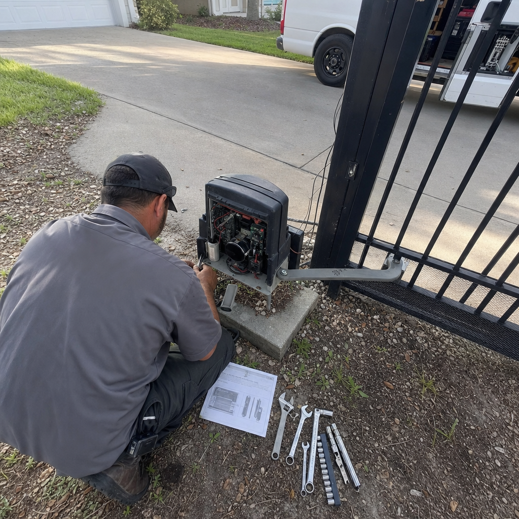 Technician performing maintenance on an automatic gate motor and opener