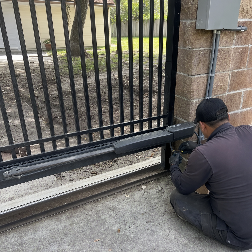 Technician performing professional gate motor and automatic opener repair