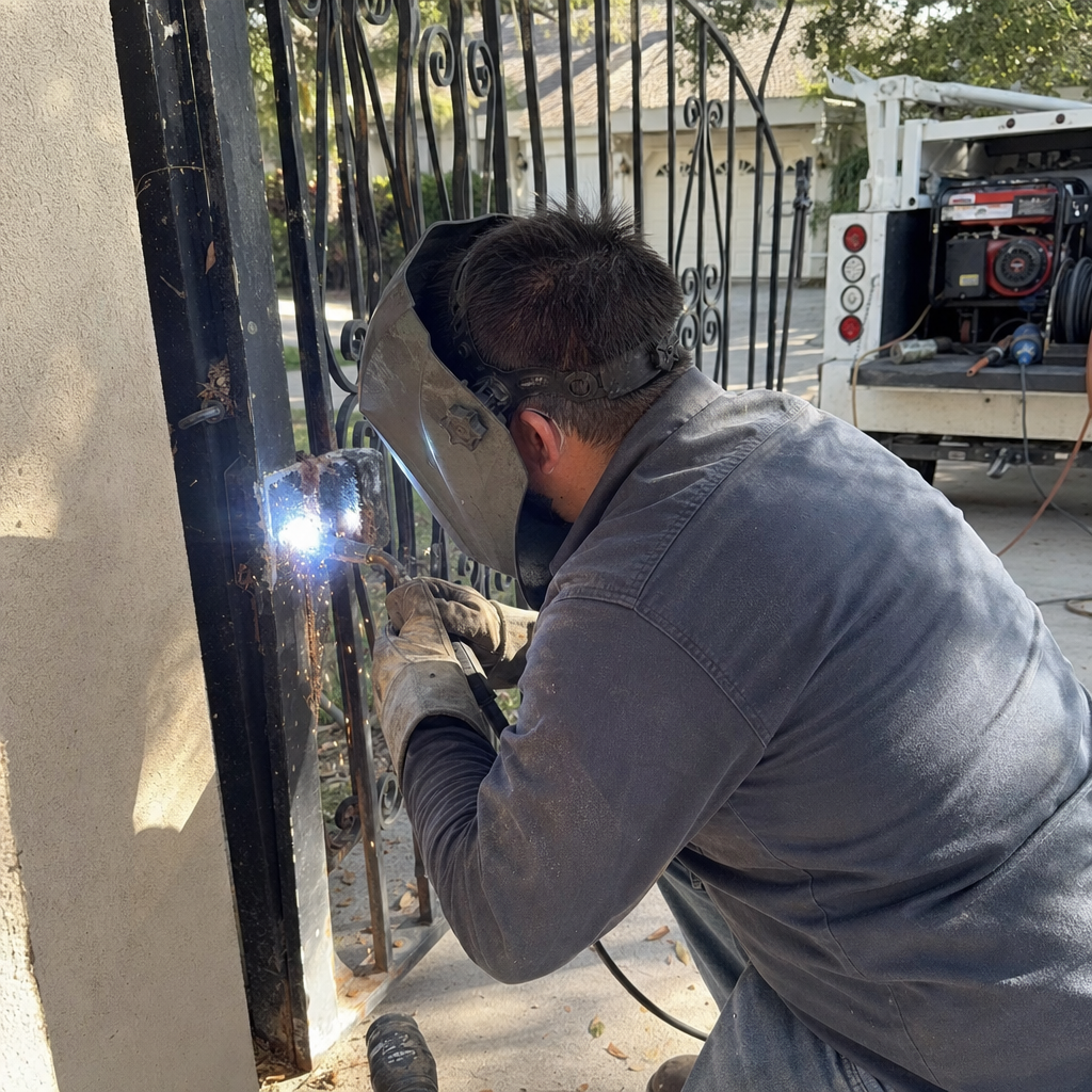 Professional technician performing on-site metal gate repair and welding service