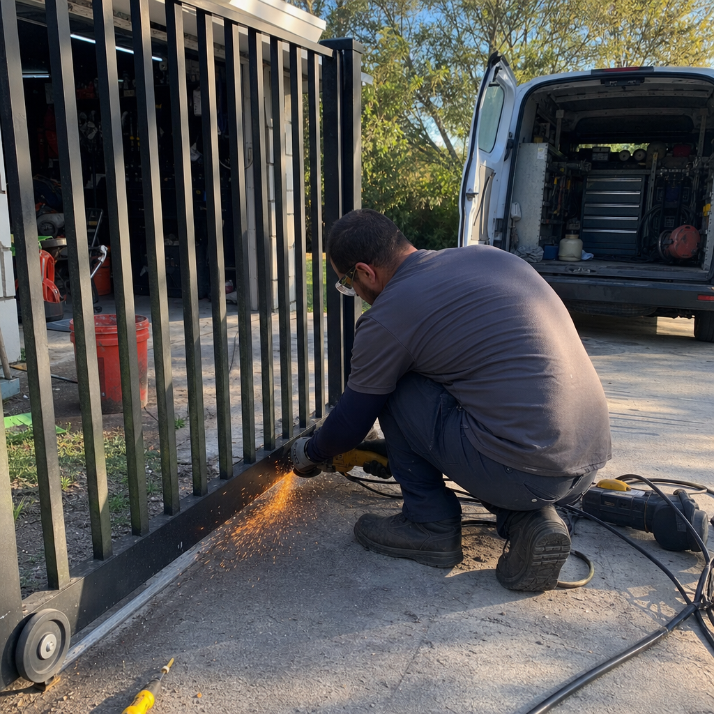 Technician using an angle grinder to perform professional metal gate repair