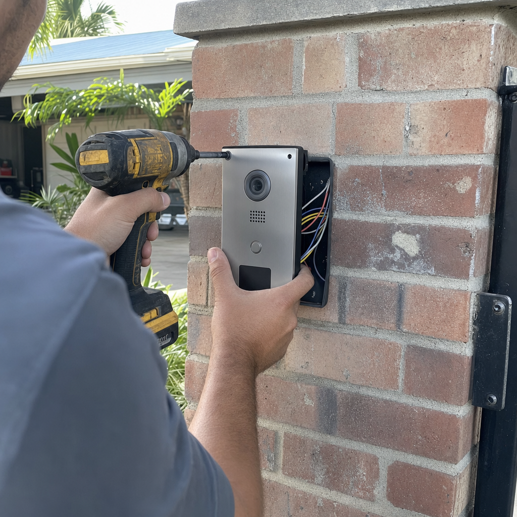 Technician installing a gate access control intercom system on a brick pillar in Tampa, FL