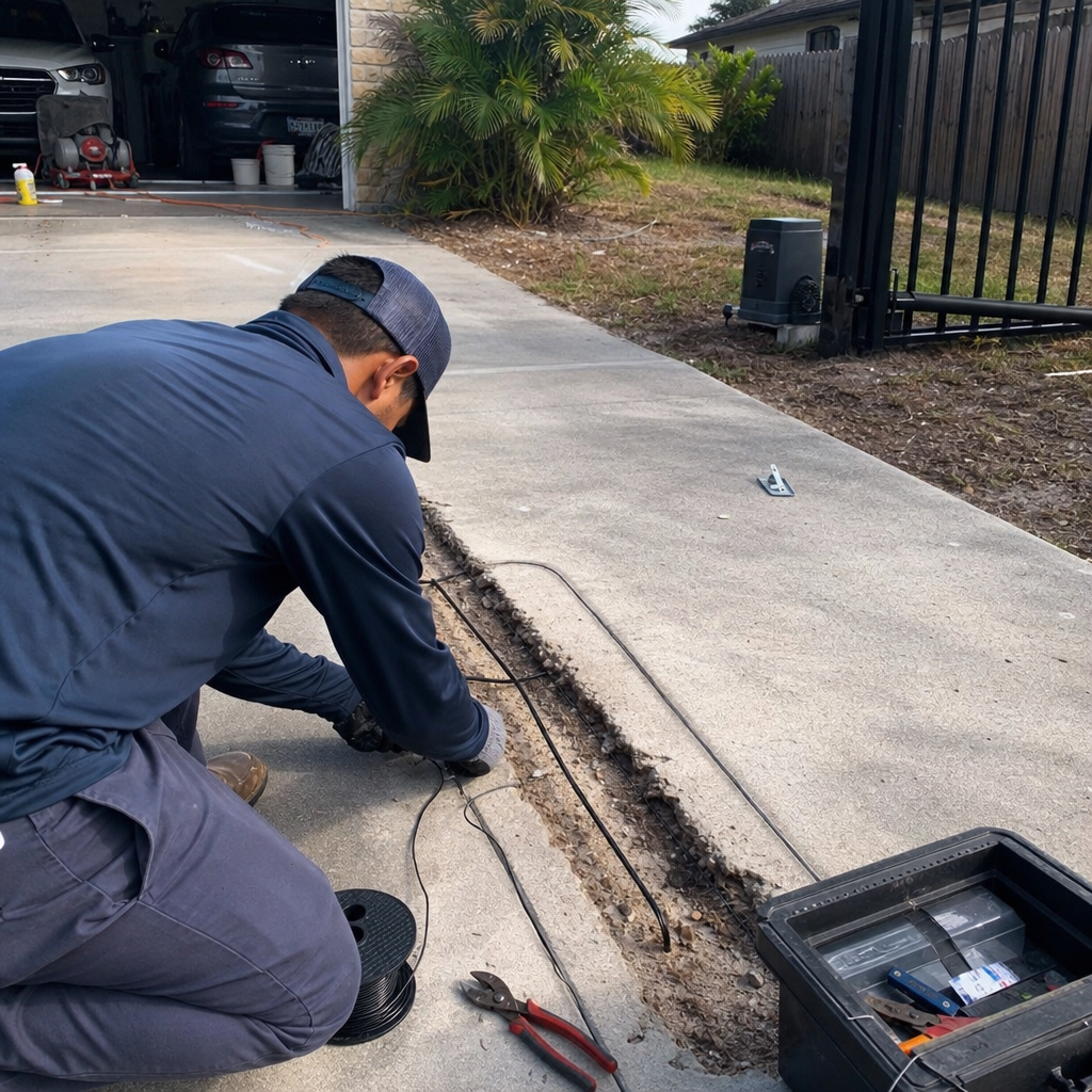 Technician installing underground gate access control wiring in a residential driveway in Tampa, FL