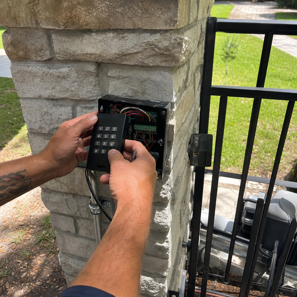 Technician repairing an electronic keypad gate access control system in Tampa, FL