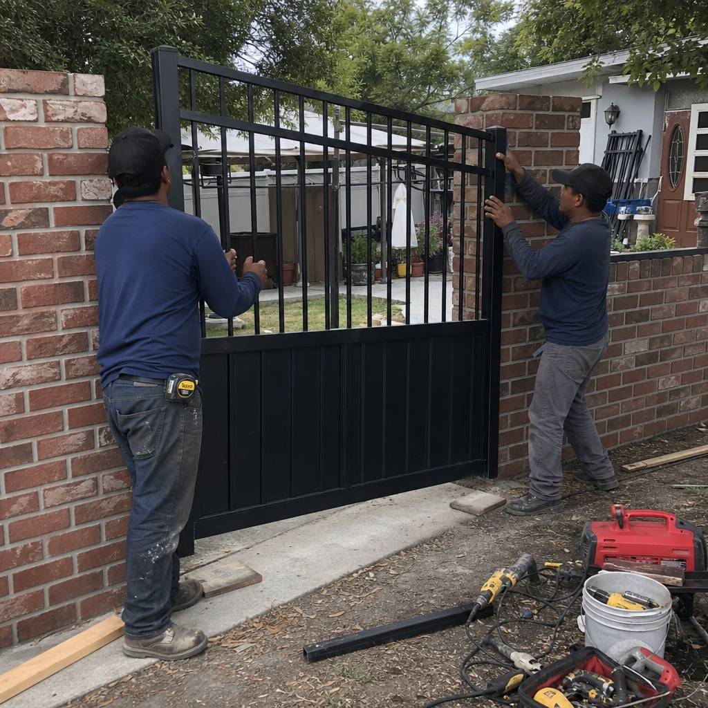 Two contractors installing a custom black metal security gate.