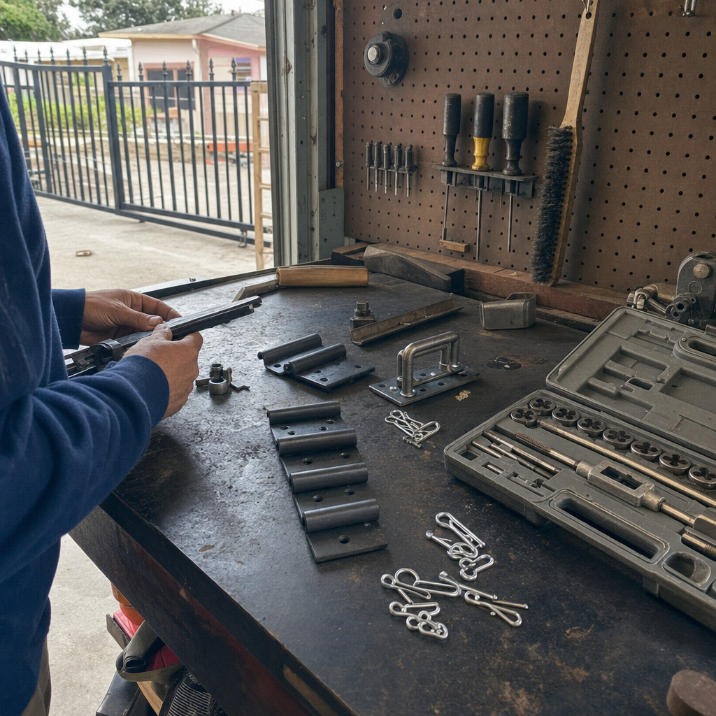 Technician organizing metal gate parts and hardware for professional welding repair in Tampa, FL