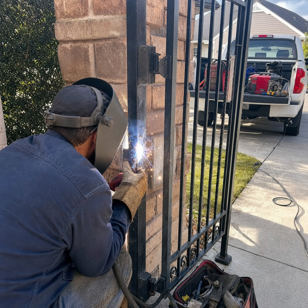 Professional welder performing metal gate repair work